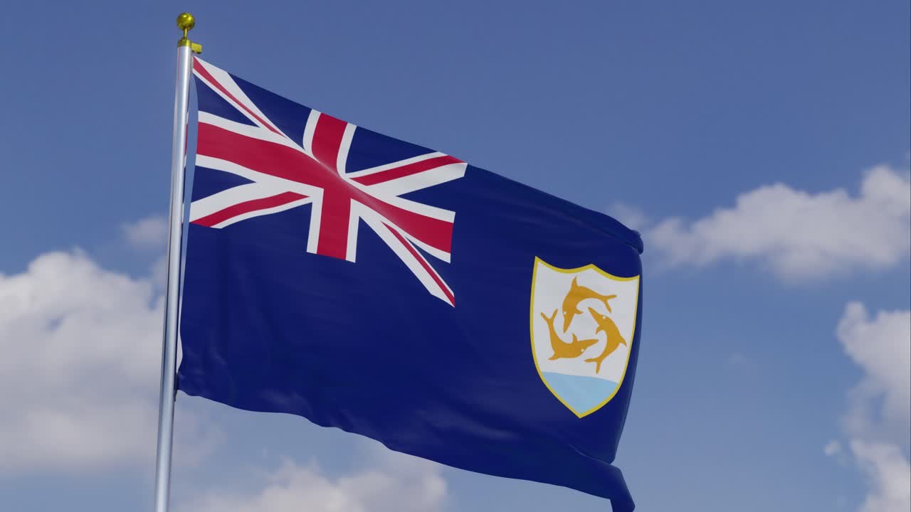 Flag Of Anguilla Moving In The Wind With A Clear Blue Sky In The Background, Clouds Slowly Moving, Flagpole, Slow Motion