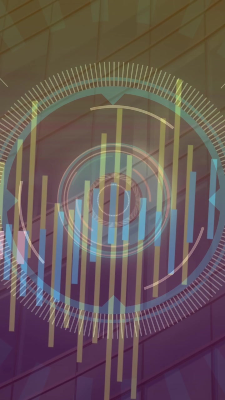 Animation of graphs and loading circles over low angle view of modern glass building