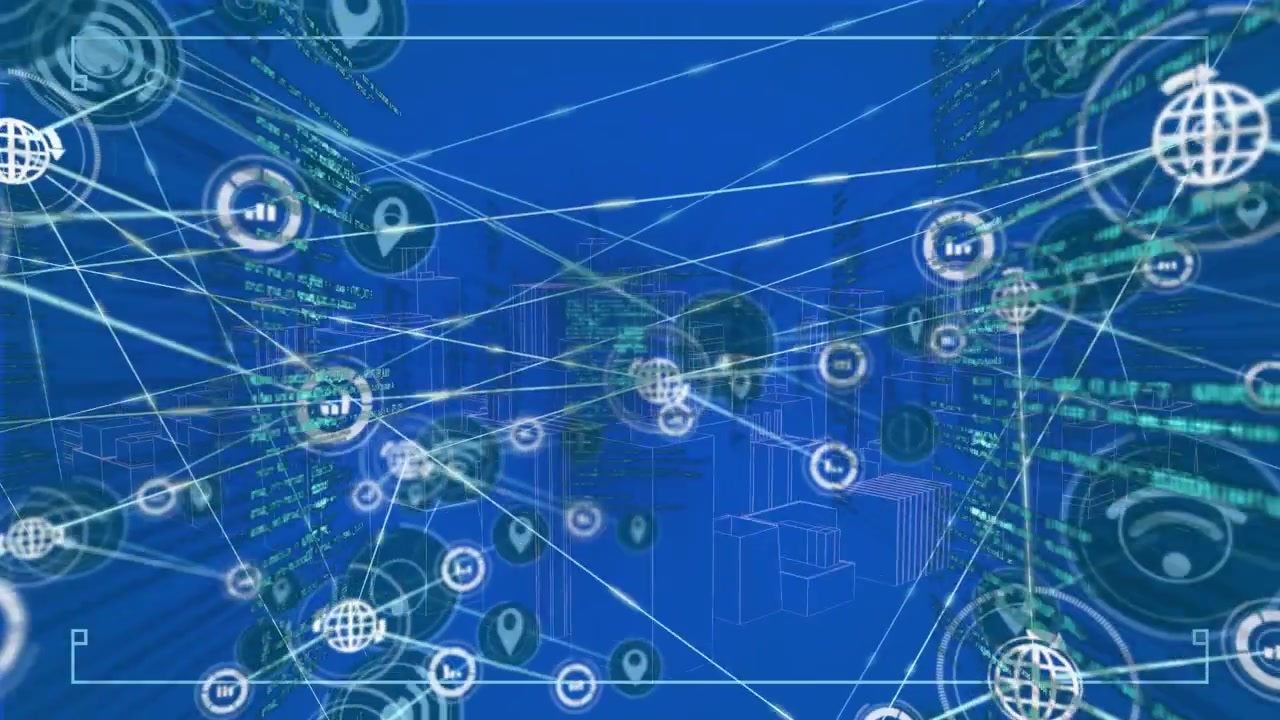 Animation of moving programming data with computer network and gps icons connecting with lines