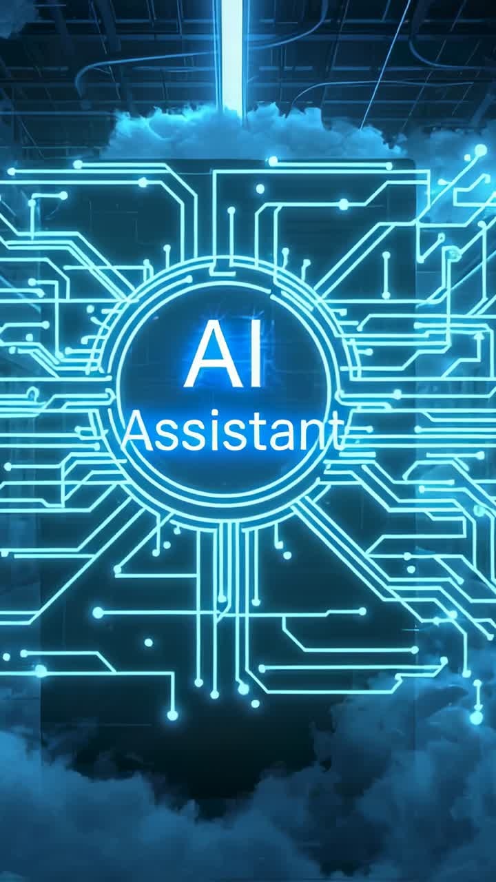 Vertical video: Dropping blue beam revealing AI Assistant hub in tech space pulsing circuit nodes