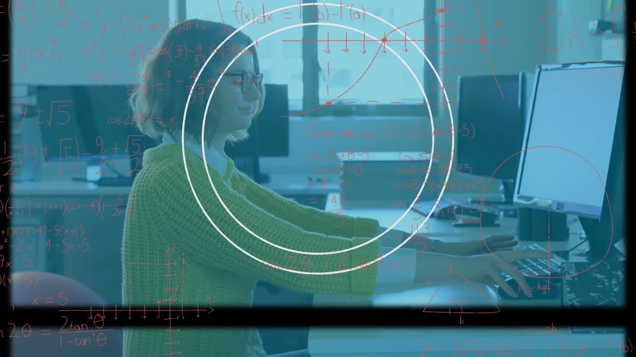 Animation of mathematical formulas over businesswoman using computer