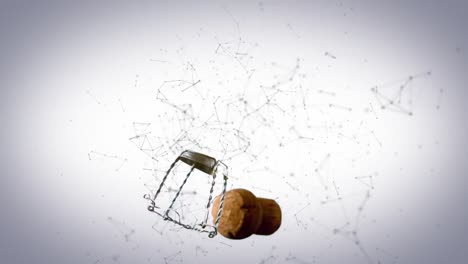 Network-of-connections-floating-over-wine-cork-and-opener-falling-against-grey-background