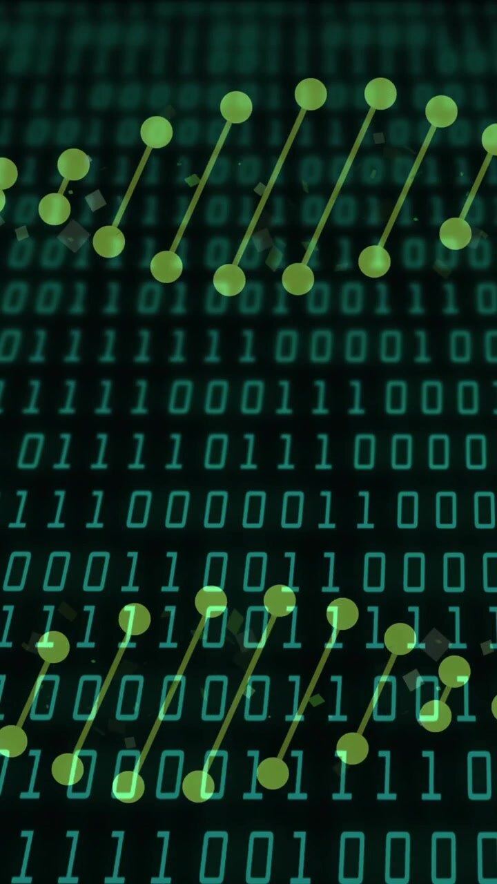 Animation of dna strands over data processing on black background