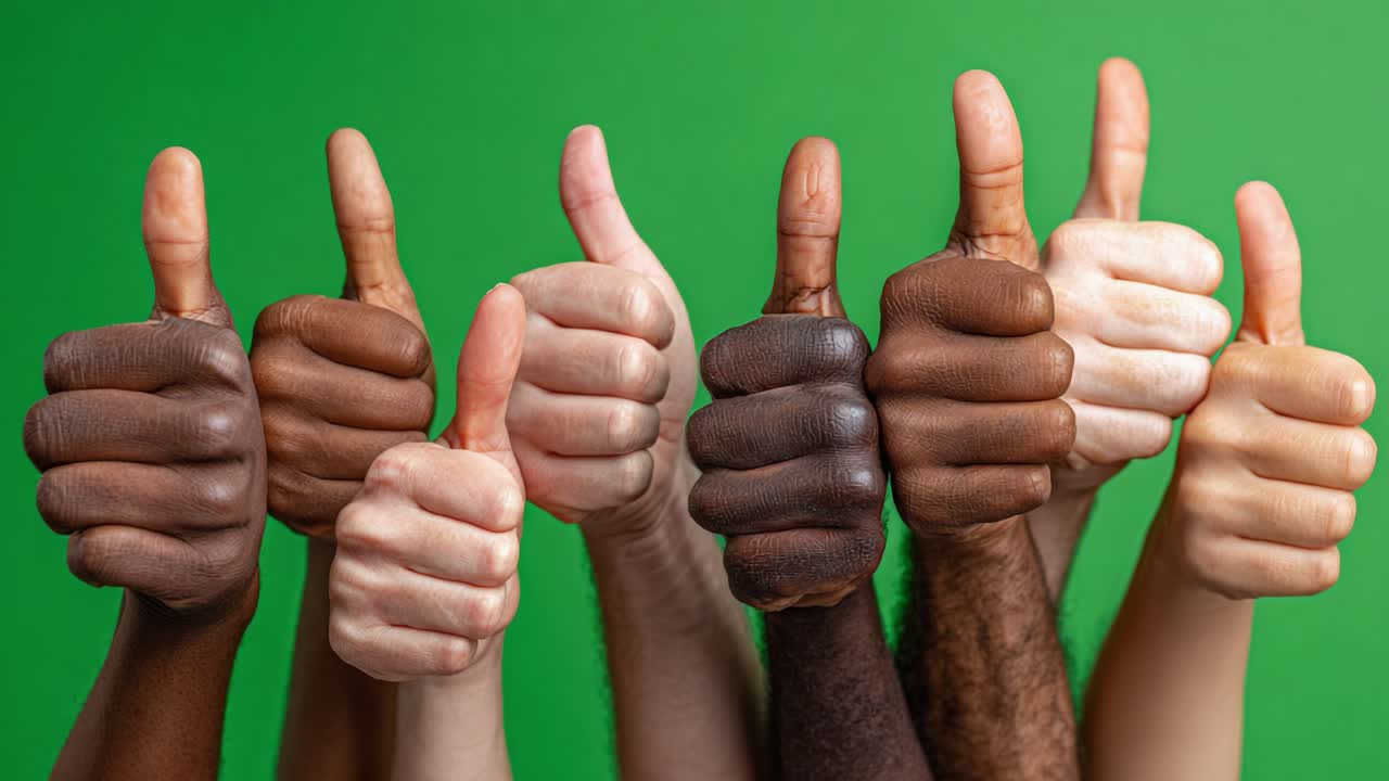 Un gruppo eterogeneo di mani che alzano il pollice su uno sfondo verde, celebrando l'unità e la positività nella diversità e nella cooperazione