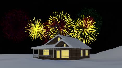 Animation-of-colourful-christmas-and-new-year-fireworks-exploding-in-night-sky-over-house-in-snow