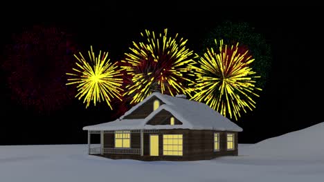 animación de coloridos fuegos artificiales de navidad y año nuevo explotando en el cielo nocturno sobre la casa en la nieve