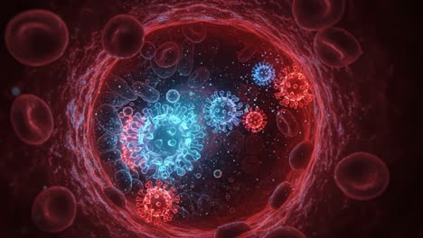 a detailed visualization of viral particles within a blood vessel, highlighting the dynamic interaction of various pathogens in the human circulatory system