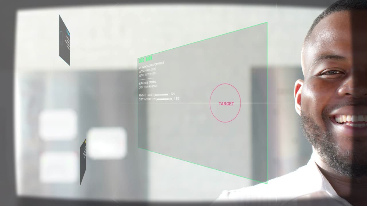 System activating HUD, tech panels sliding in, marking TARGET for data review, man smiling