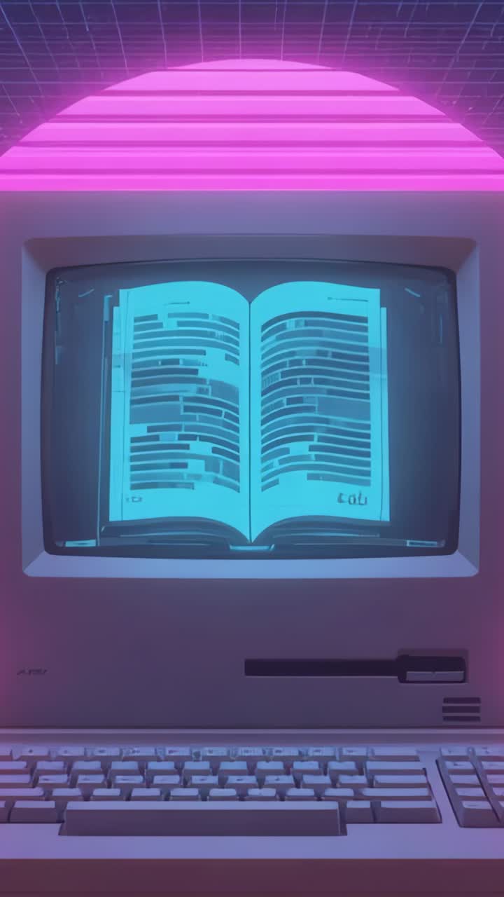 Video verticale: monitor CRT all'avvio con pagine di un libro che si animano e sfogliano in una griglia con sole rosa neon