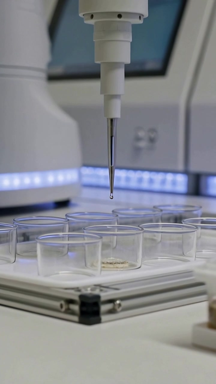 Dikey video: Laboratuvarda beyaz bir ünitedeki pipet ucunun kuyuya inerek bej numunenin üzerine düşmesi.