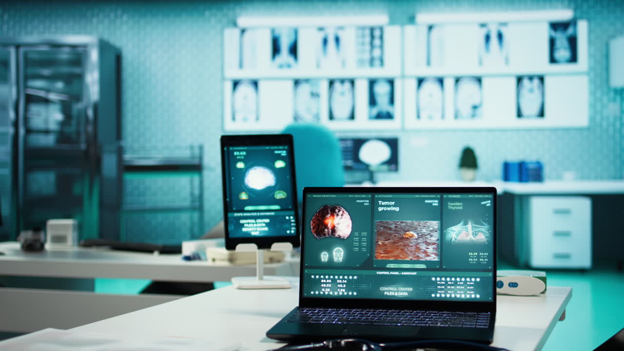 Empty doctor office equipped with modern medical equipment and drugs