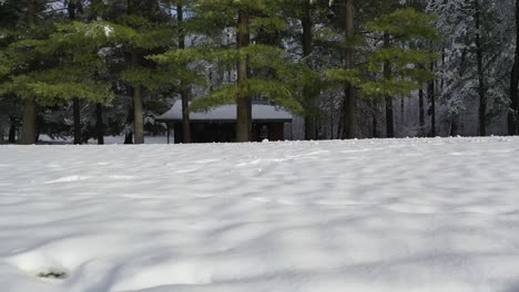 Dreamy-View-of-Cottage-in-Deep-Snowy-Forest,-Backwards-High-Dolly