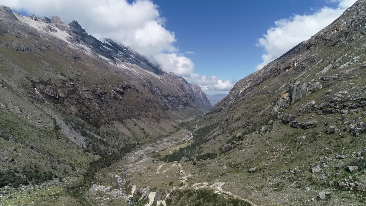 A stunning Andean valley with rugged mountains, a winding dirt trail, and a deep blue sky