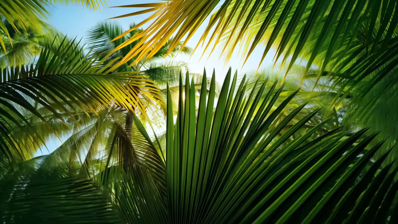 A video frame capturing a low-angle view of lush green palm leaves against a bright sky