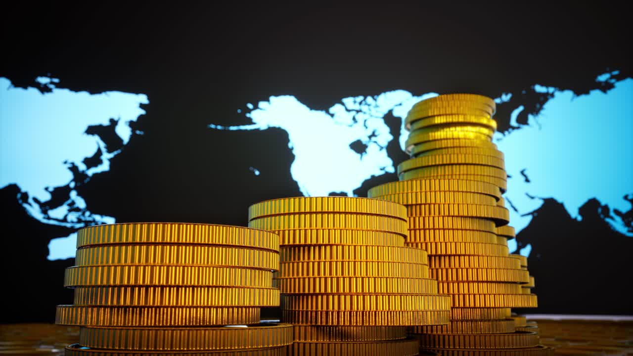 Stacks of Golden Coins with World Map Background