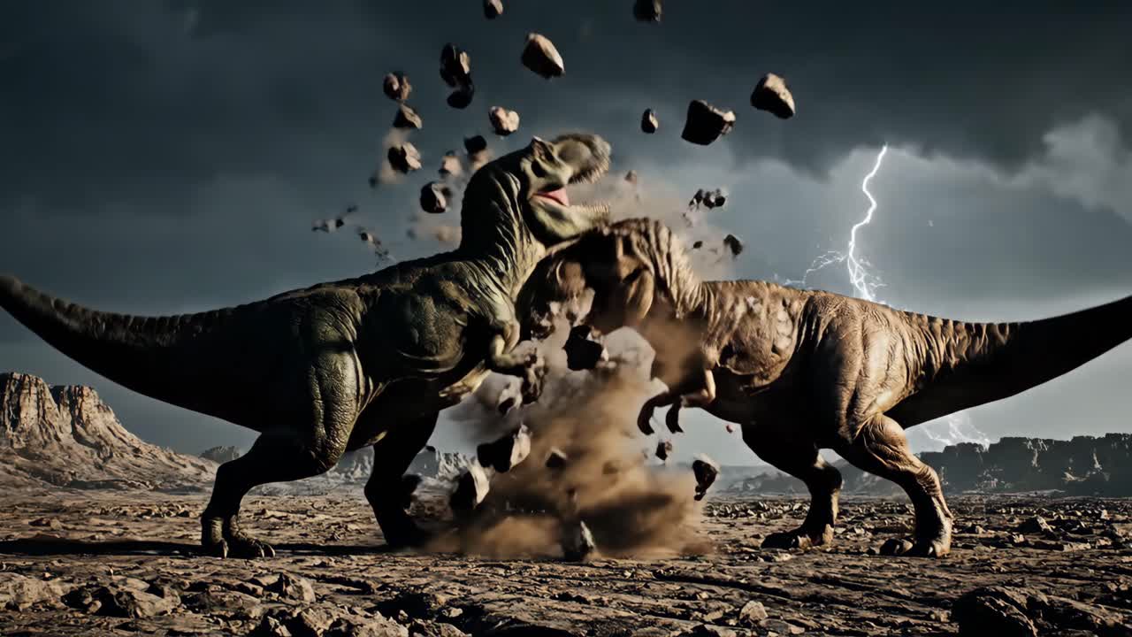 Two Tyrannosaurus Rex Fighting in a Storm