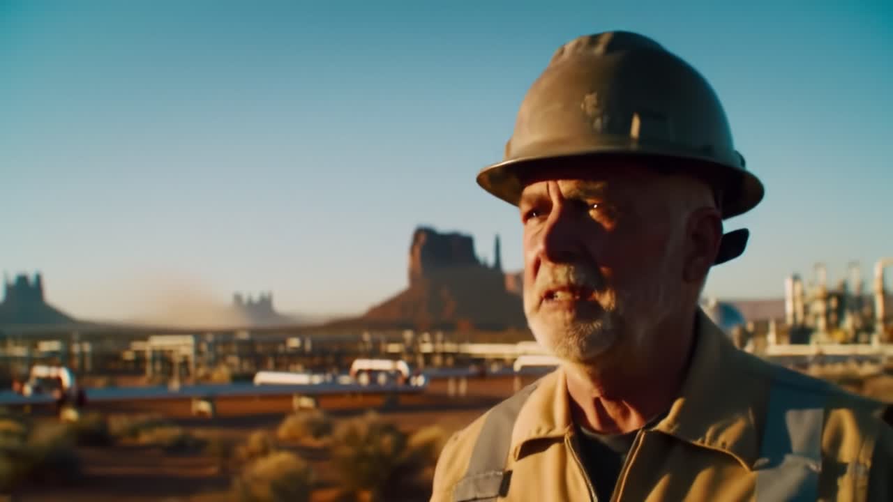 An Experienced Worker Observes the Landscape at a Desert Construction Site, Capturing Moments of Reflection Amidst Industrial Activity
