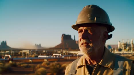 an experienced worker observes the landscape at a desert construction site, capturing moments of reflection amidst industrial activity