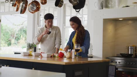 video de una feliz pareja biracial preparando comida juntos y bebiendo vino