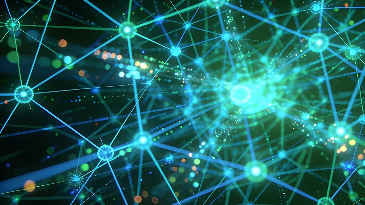 Moving camera revealing glowing nodes in dark space, showing bright hub and particle trails