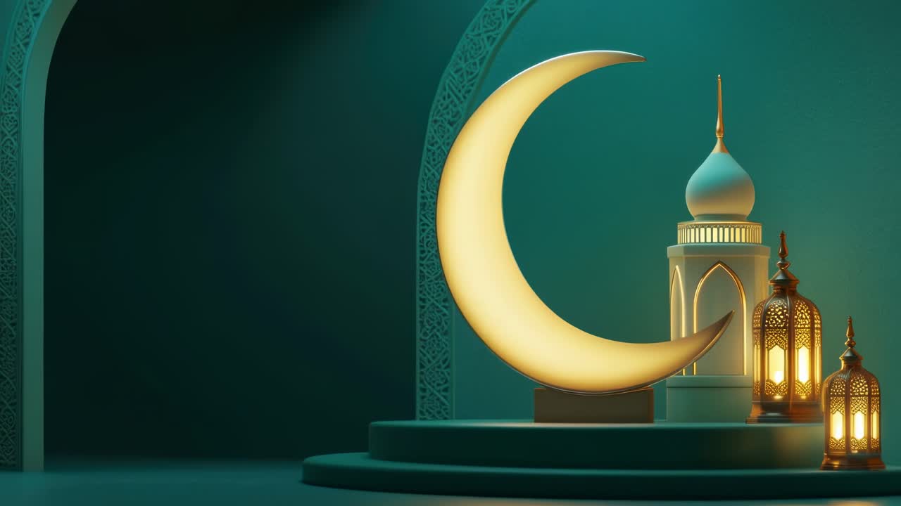 Scena video elegante a tema islamico con inquadratura dal basso di una mezzaluna e lanterne