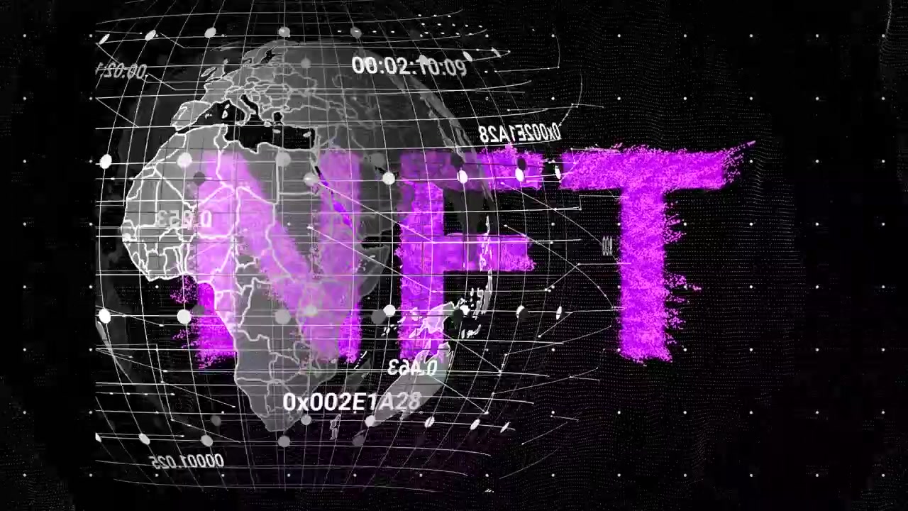 Animation of data processing with globe over nft text on black background