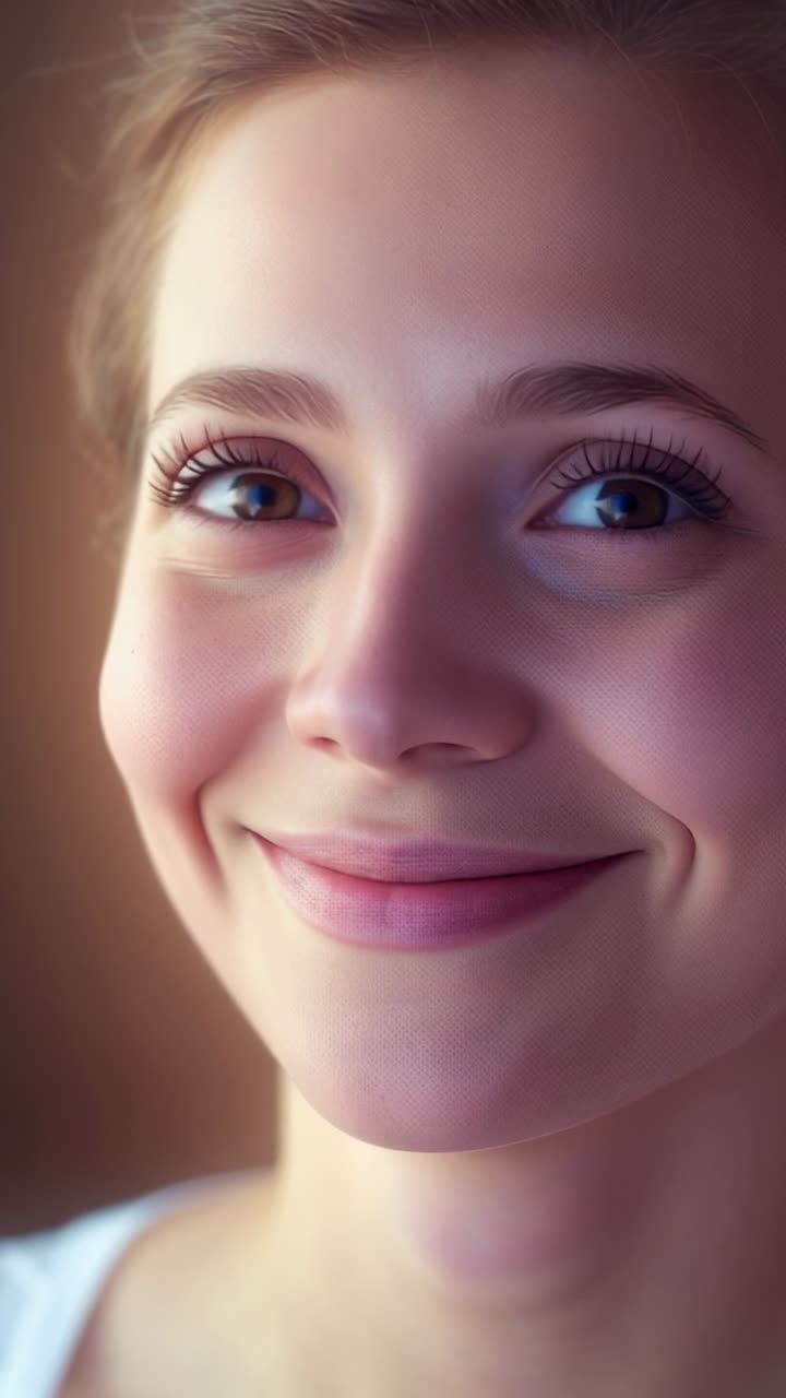 Vertical video: Opening shot showing Hispanic woman blinking and smiling in softly lit room