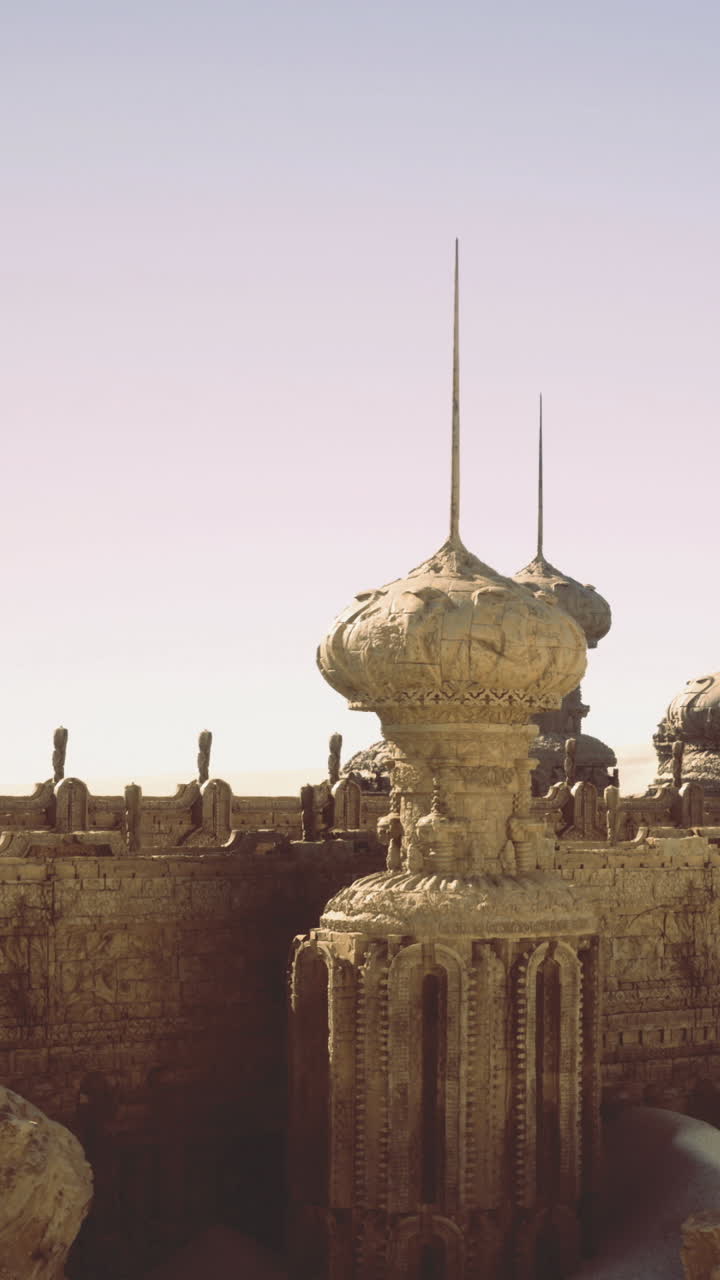 Architettura storica spicca in un paesaggio desertico al crepuscolo.