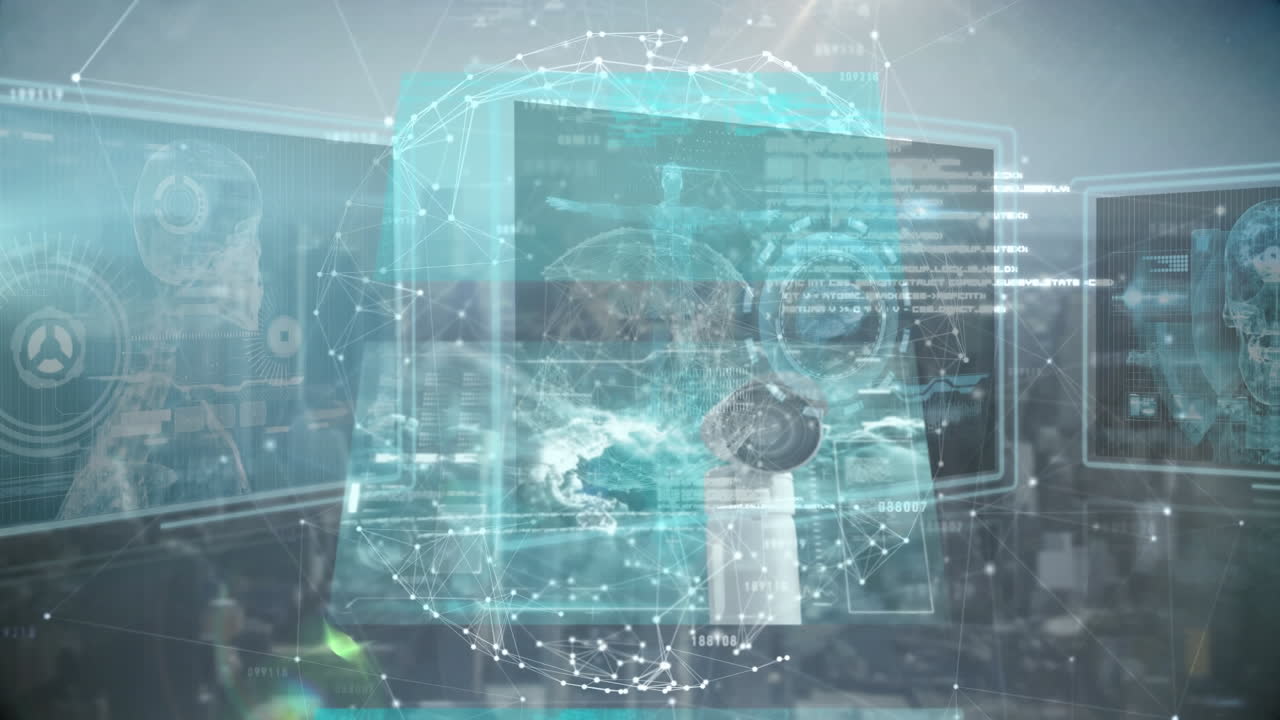Animation of rotating globe and network of connections over screens with scientific data