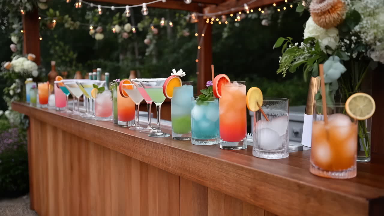A colorful outdoor bar setup with a variety of cocktails