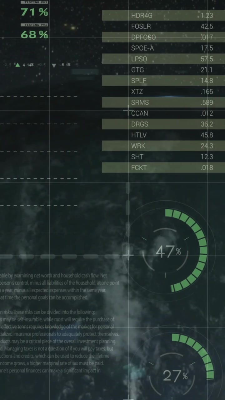 Vertical video: Graphical HUD receiving data stream, animating pies, bars, gauges for analytics