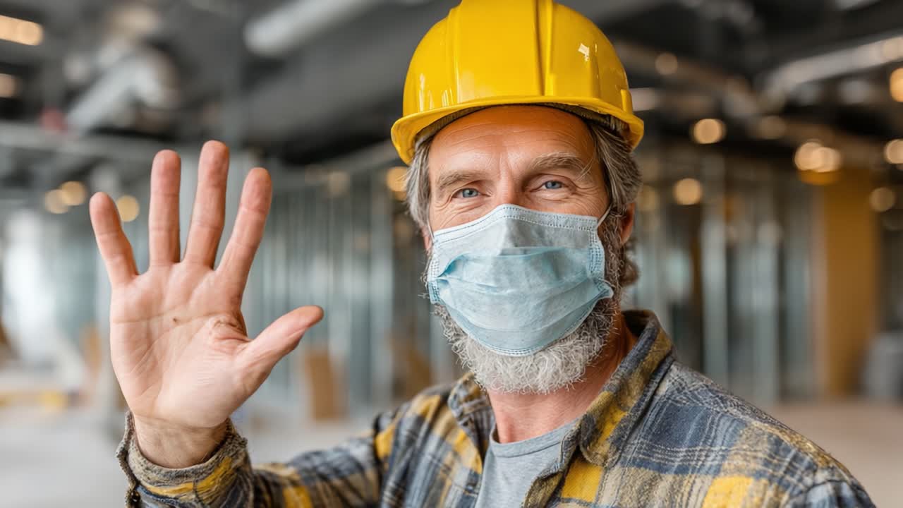 A construction worker with a yellow hard hat and face mask waves cheerfully; showcasing safety practices and readiness in a modern building site