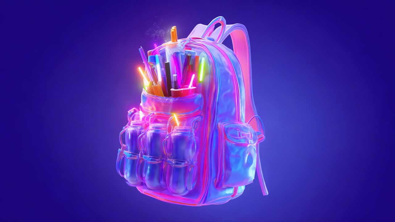A vibrant, neon-colored backpack filled with colorful markers and art supplies, glowing against a deep blue background, perfect for creative individuals and students on the go