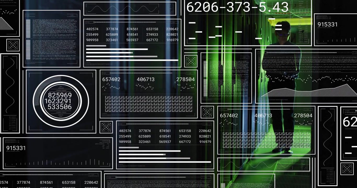 Male technician walking server aisle, driving data HUD counters and grids while monitoring servers