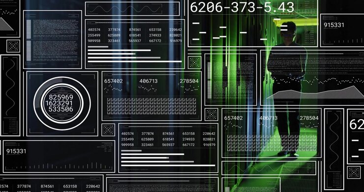 Male technician walking server aisle, driving data HUD counters and grids while monitoring servers