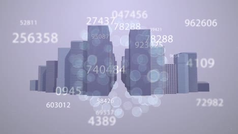 animated cityscape with computer interface icons and data processing