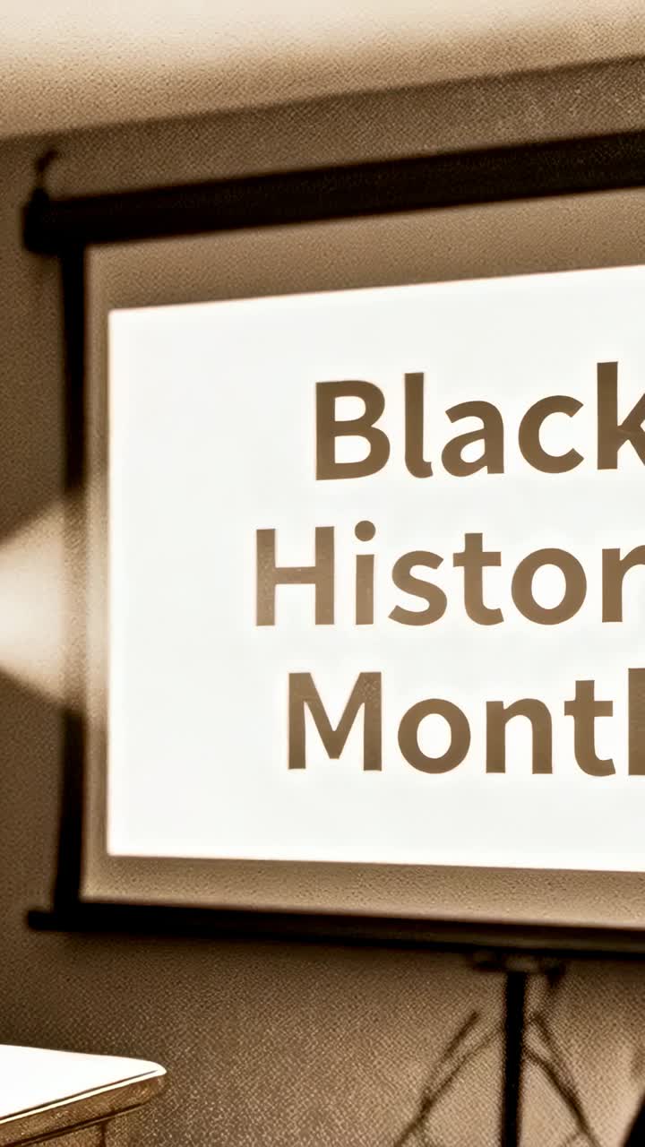 Vertical video: Shifting camera revealing pull-down screen in classroom showing Black History Month