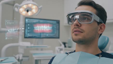 a patient experiences advanced dental technology with augmented reality displaying dental imagery during a modern dental consultation and treatment session