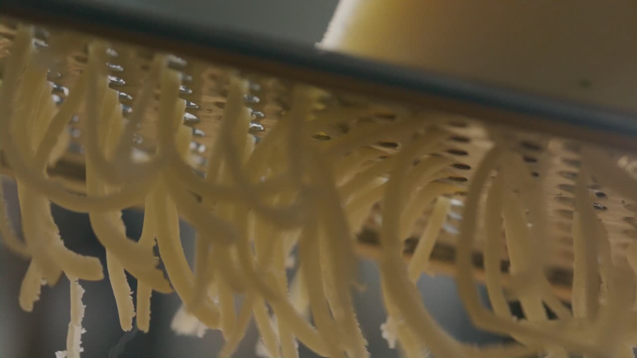 Extreme Close-Up of Shreds of Cheese Being Grated over Dish