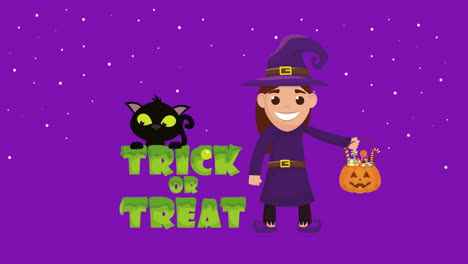 escena oscura de halloween con una pequeña bruja y un gato