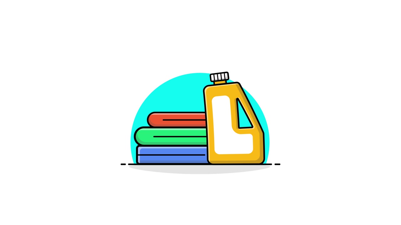 Animación de ropa doblada apilada y botella de detergente