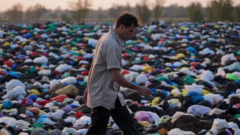 environmentalist walking through expansive landfill, carefully examining massive accumulation of discarded plastic garbage bags, revealing devastating environmental pollution consequences