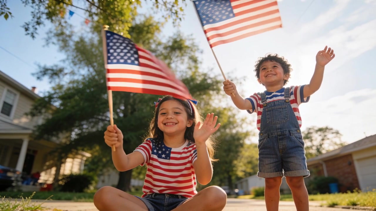 Waving two kids wearing overalls holding American flags as camera starting low angle on driveway