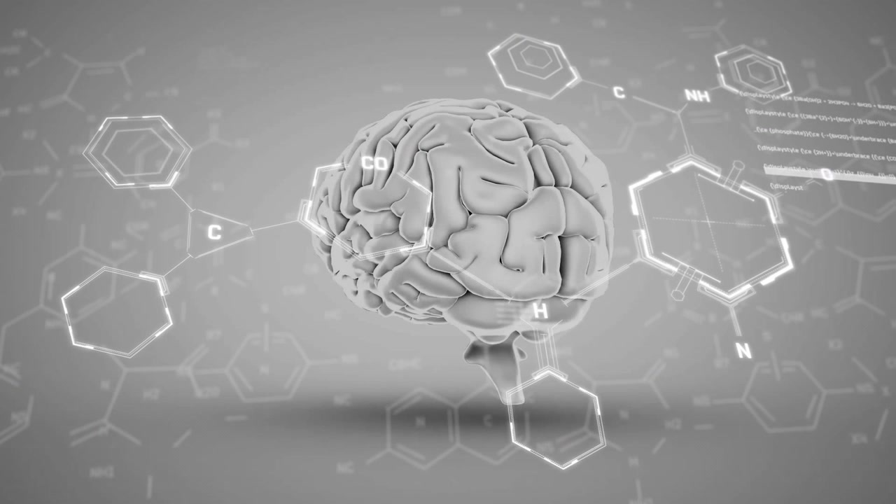 Hexágono branco aparecendo acima de um cérebro 3D giratório enquanto hexágonos brilhantes deslizam rotulando regiões