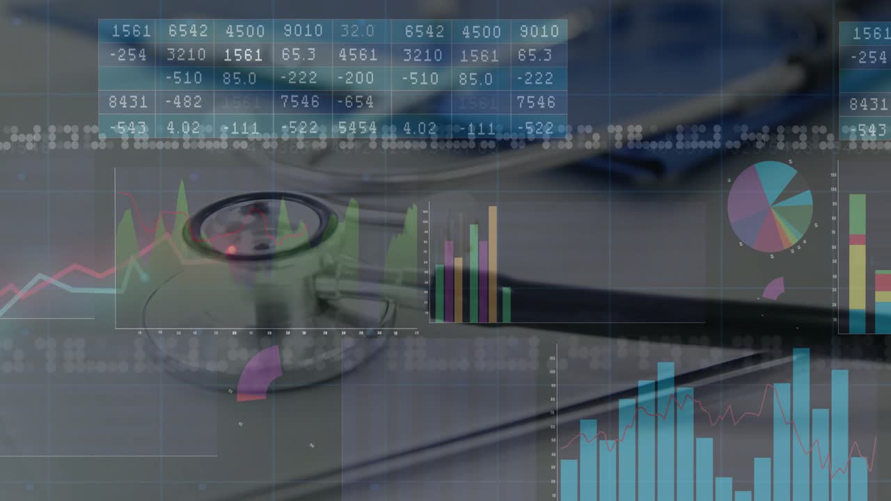 Stethoscope chest piece floating over desk, showing financial analytics charts and smartphone icons