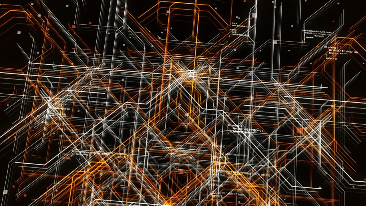 Abstract conceptual background with neuron data information and network connections. Animation. Crossing orange and white lines and program code.