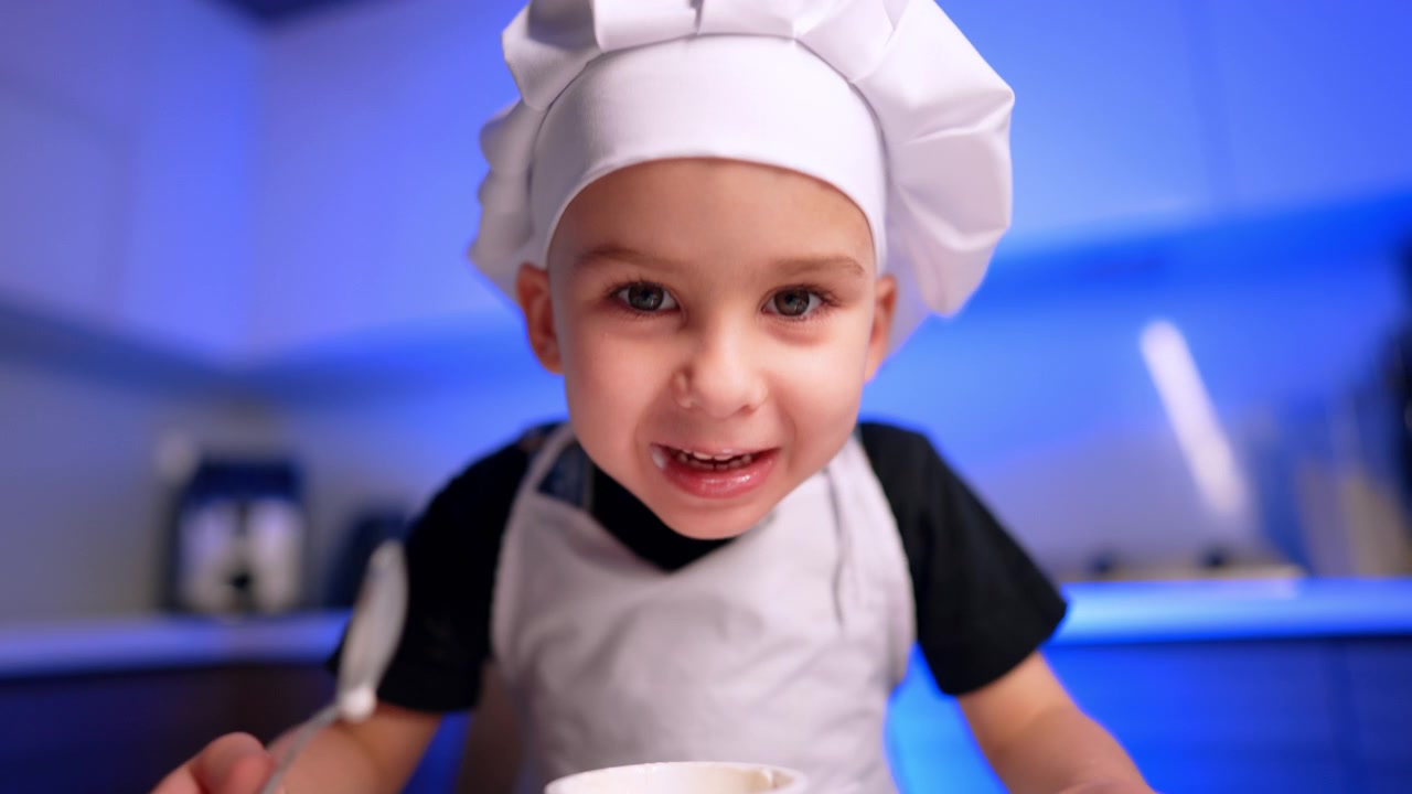 Piccolo chef che assaggia il cibo da un cucchiaio. Un grembiule e un cappello bianchi risaltano contro la cucina leggermente sfocata illuminata di blu.