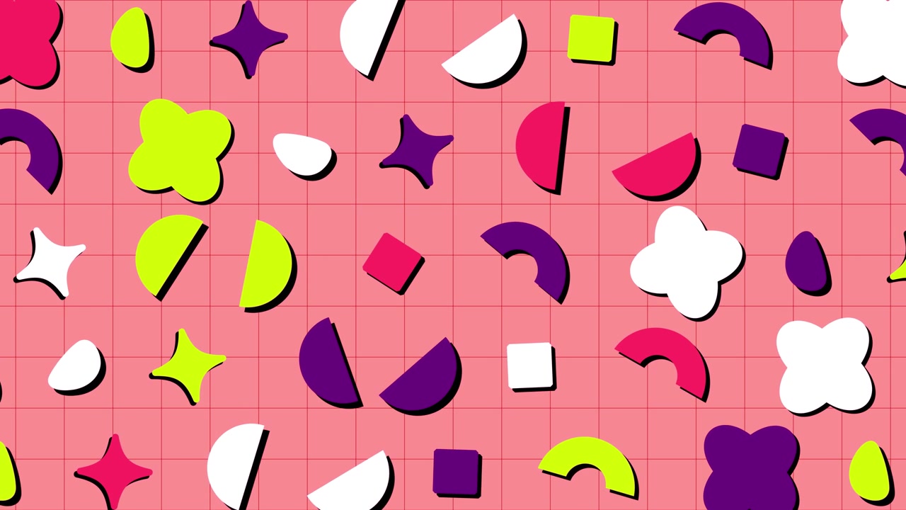 Motivo dinamico animato di forme geometriche retrò su griglia rosa
