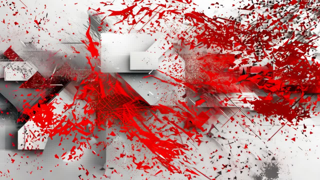 A white and red abstract painting with a lot of red splatters. The painting is full of shapes and lines, and the red splatters give it a sense of movement and energy