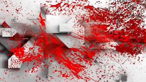 a white and red abstract painting with a lot of red splatters. the painting is full of shapes and lines, and the red splatters give it a sense of movement and energy